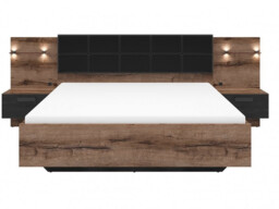 Super King Size Bedroom Furniture Set Bed Bedside Cabinets Sideboard Sliding Wardrobe LED Lights Oak Black - Kassel - thumbnail 3