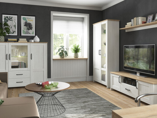Living Room Furniture Set Sideboard Cabinets TV Unit LED Lights Scandi White Pine and Oak Effect - Loksa - image 1
