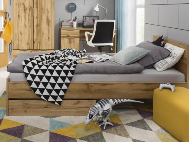 Single Bed with Drawer Headboard Slats Underbed Storage Compartment Oak Effect Modern - Zele - image 1