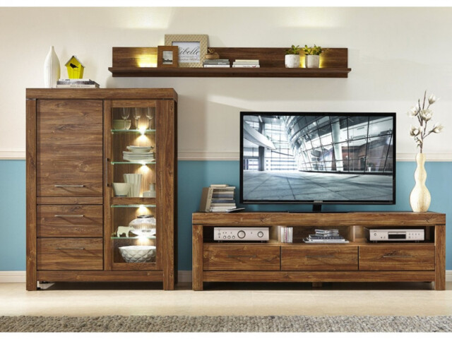 Modern Living Room Furniture Set with Shelf TV Unit Glass Display Cabinet with LED Lights Medium Oak Effect - Gent - image 1
