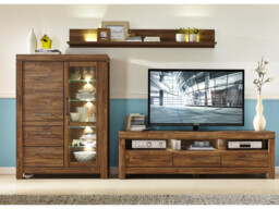Modern Living Room Furniture Set with Shelf TV Unit Glass Display Cabinet with LED Lights Medium Oak Effect - Gent