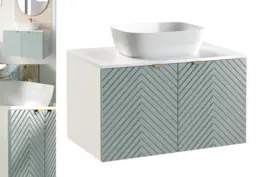 Bathroom Set 800mm Vanity Cabinet Sink Unit Floating Ribbed Fluted Soft Green with White Worktop - Cara - thumbnail 1