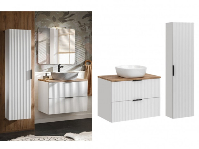 Bathroom 800mm White Vanity Units Oak Effect Countertop + Sink Ribbed Textured Floating - Adel - image 1
