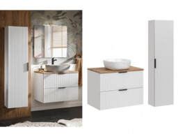 Bathroom 800mm White Vanity Units Oak Effect Countertop + Sink Ribbed Textured Floating - Adel - thumbnail 1