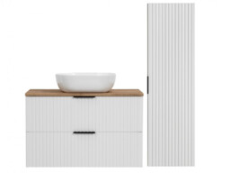 Bathroom 800mm White Vanity Units Oak Effect Countertop + Sink Ribbed Textured Floating - Adel - thumbnail 2