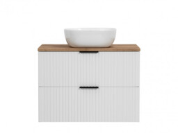 Bathroom 800mm White Vanity Units Oak Effect Countertop + Sink Ribbed Textured Floating - Adel - thumbnail 3