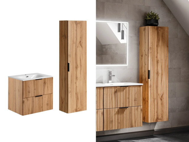 Oak Bathroom Furniture Floating Set Wall Hung Vanity 600mm Ceramic Sink Tall Storage Unit Fluted Oak Effect - Adel - image 1
