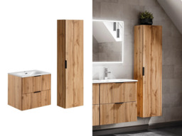 Oak Bathroom Furniture Floating Set Wall Hung Vanity 600mm Ceramic Sink Tall Storage Unit Fluted Oak Effect - Adel - thumbnail 1