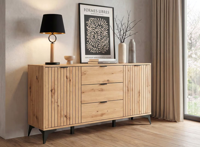 Wide Sideboard Storage Cabinet Slatted Drawers Modern 180cm Soft Close Unit Oak Effect Black Legs – Lamea - image 1
