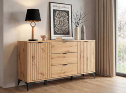 Wide Sideboard Storage Cabinet Slatted Drawers Modern 180cm Soft Close Unit Oak Effect Black Legs – Lamea - thumbnail 1
