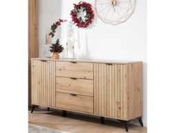 Wide Sideboard Storage Cabinet Slatted Drawers Modern 180cm Soft Close Unit Oak Effect Black Legs – Lamea - thumbnail 1