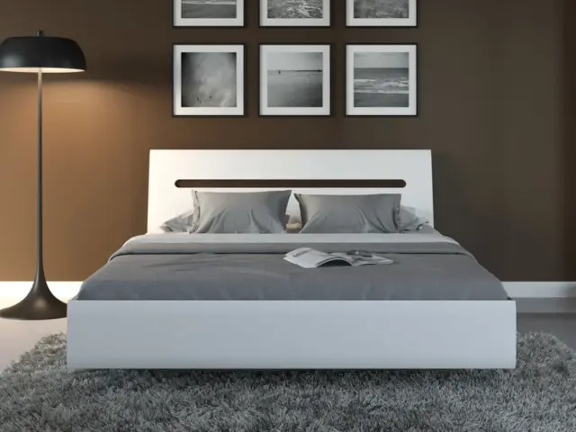 Modern White High Gloss King Size Bed Frame 160cm Wooden Slats and Black Gloss/White Gloss/Wenge Dark Wood Effect Inserts - Azteca Trio - image 1