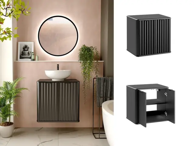 Under Sink Bathroom Cabinet Black Vanity Unit 600mm Countertop Fluted Ribbed Doors Narrow Slimline Design - Nero - image 1