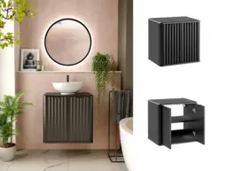 Under Sink Bathroom Cabinet Black Vanity Unit 600mm Countertop Fluted Ribbed Doors Narrow Slimline Design - Nero