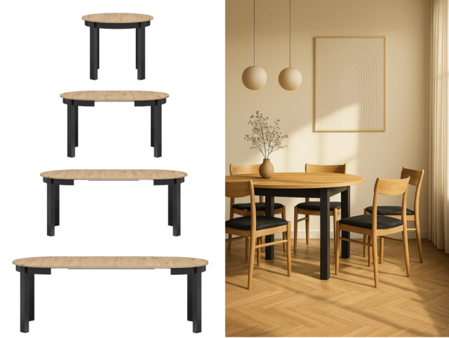 Round Kitchen Table Extendable Dining Table 105cm to 240cm Oval Oak Effect Top Black Legs 4 to 12 Seater – Indus - image 1