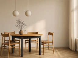 Round Kitchen Table Extendable Dining Table 105cm to 240cm Oval Oak Effect Top Black Legs 4 to 12 Seater – Indus - thumbnail 2