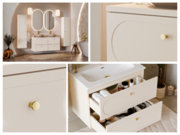 Bathroom Vanity Unit 600mm Modern Retro Gatsby Wall Cabinet Floating 2 Soft Close Drawers Milled Beige Cashmere - Donna - thumbnail 3