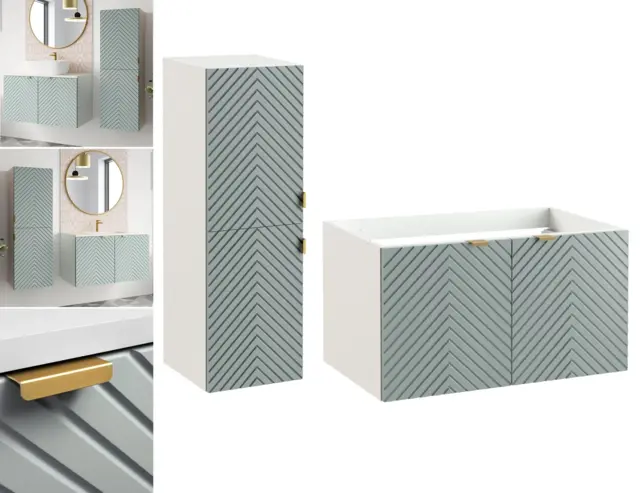 Wall Bathroom Set 800mm Vanity Cabinet and Tall Storage Tallboy Unit Ribbed Fluted Soft Green Doors - Cara - image 1