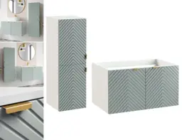Wall Bathroom Set 800mm Vanity Cabinet and Tall Storage Tallboy Unit Ribbed Fluted Soft Green Doors - Cara - thumbnail 1