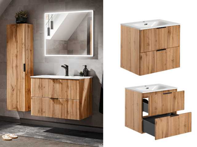Bathroom Vanity Unit Wall Hung Floating Cabinet with Basin 600mm Oak Effect Ribbed Fluted Drawers Storage - Adel - image 1