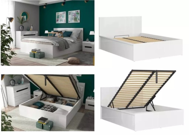 King Size Ottoman Storage Bed White Gloss Frame Gas Lift Up Storage Compartment Modern Euro 160cm - Tetrix - image 1