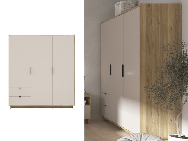 Cashmere Beige Wardrobe with Drawers Triple Door Bedroom Storage with Oak Cabinet - Dalva - image 1