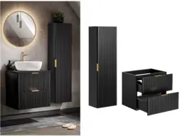 Bathroom Vanity with Tallboy 600mm Drawer Set Ribbed Textured Black Modern Two Wall Hung Floating Cabinets - Adel - thumbnail 1