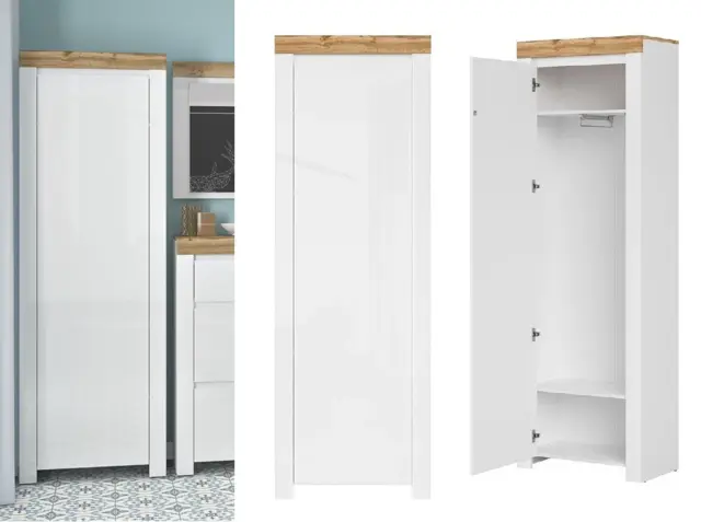 Tall Cabinet Slim Single Wardrobe White Gloss Storage Unit Scandi Hallway Oak Effect - Holten - image 1