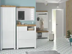 Tall Cabinet Slim Single Wardrobe White Gloss Storage Unit Scandi Hallway Oak Effect - Holten - thumbnail 2