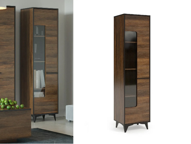Tall Glass Display Cabinet Mid Century Modern Slim Shelving Unit Glazed Door Walnut with Black - Frida - image 1