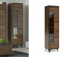 Tall Glass Display Cabinet Mid Century Modern Slim Shelving Unit Glazed Door Walnut with Black - Frida - thumbnail 1