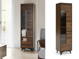 Tall Glass Display Cabinet Mid Century Modern Slim Shelving Unit Glazed Door Walnut with Black - Frida - thumbnail 2