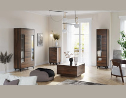 Tall Glass Display Cabinet Mid Century Modern Slim Shelving Unit Glazed Door Walnut with Black - Frida - thumbnail 3