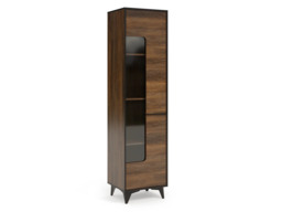 Tall Glass Display Cabinet Mid Century Modern Slim Shelving Unit Glazed Door Walnut with Black - Frida - thumbnail 4