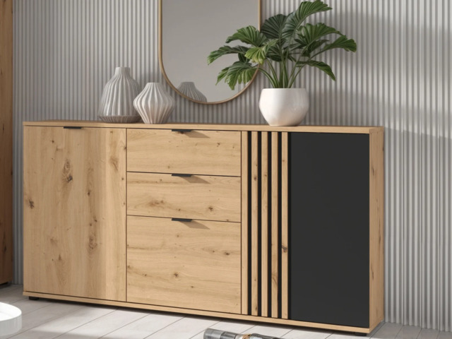 Sideboard Storage Cabinet Large Wide Chest of Drawers Fluted Slatted Black and Oak 150cm Unit – Vabres - image 1