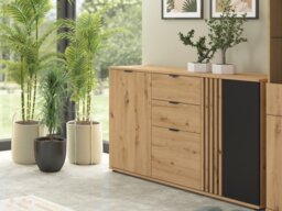 Sideboard Storage Cabinet Large Wide Chest of Drawers Fluted Slatted Black and Oak 150cm Unit – Vabres - thumbnail 3