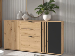 Sideboard Storage Cabinet Large Wide Chest of Drawers Fluted Slatted Black and Oak 150cm Unit – Vabres - thumbnail 1