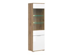 Tall Glass Display Cabinet Narrow Slim Glazed Unit with LED Lights Modern White Gloss and Oak - Zele - thumbnail 4