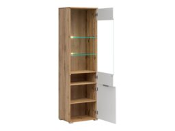 Tall Glass Display Cabinet Narrow Slim Glazed Unit with LED Lights Modern White Gloss and Oak - Zele - thumbnail 3