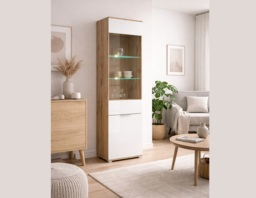 Tall Glass Display Cabinet Narrow Slim Glazed Unit with LED Lights Modern White Gloss and Oak - Zele - thumbnail 2