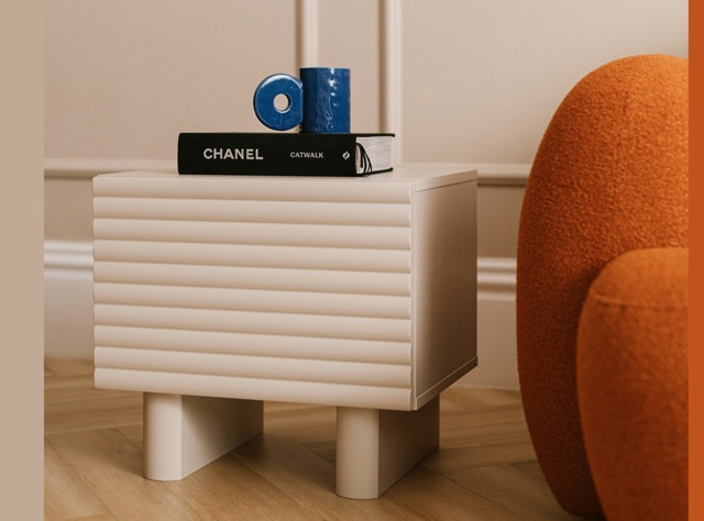 Beige Bedside Table Side Cabinet Ribbed Fluted Cashmere Nightstand with Storage – Toyo - image 1