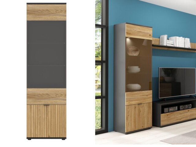 Glass Display Cabinet Modern Tall Slim 2 Soft Close Doors Storage Unit Black Matt Oak Printed Slat Effect – Luen - image 1