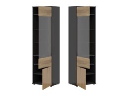 Glass Display Cabinet Modern Tall Slim 2 Soft Close Doors Storage Unit Black Matt Oak Printed Slat Effect – Luen - thumbnail 3