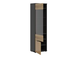 Glass Display Cabinet Modern Tall Slim 2 Soft Close Doors Storage Unit Black Matt Oak Printed Slat Effect – Luen - thumbnail 4