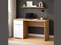Office Desk with Drawer Cabinet Storage Modern White Gloss and Oak Computer Study 120cm Desk - Zele