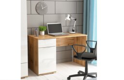 Office Desk with Drawer Cabinet Storage Modern White Gloss and Oak Computer Study 120cm Desk - Zele - thumbnail 2