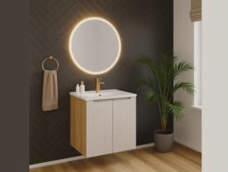 Wall Hung Vanity Unit with Ceramic Basin Beige Light Oak Bathroom Cabinet 600mm 2 Door Storage - Luxor