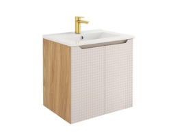 Wall Hung Vanity Unit with Ceramic Basin Beige Light Oak Bathroom Cabinet 600mm 2 Door Storage - Luxor - thumbnail 3
