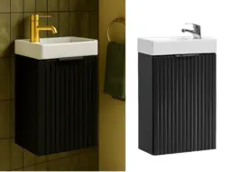Slimline Vanity Unit with Small Sink Wash Basin Compact Cloakroom Cabinet Black Ribbed 400mm Wall Mounted - Adel - thumbnail 2