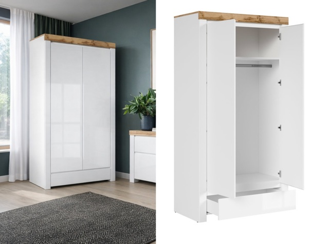Double Wardrobe with Drawer 2 Door Cabinet Hanging Rail Storage White Gloss Oak Scandi - Holten - image 1
